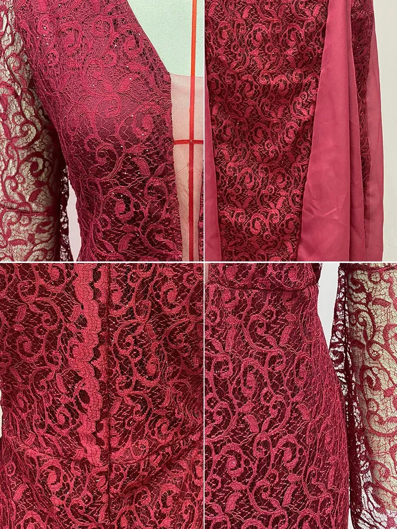 Women Lace Embroidery Fishtail Slim Fit Evening Dress