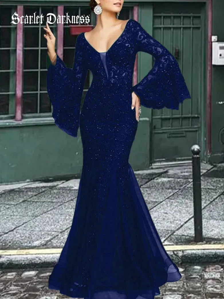 Women Lace Embroidery Fishtail Slim Fit Evening Dress
