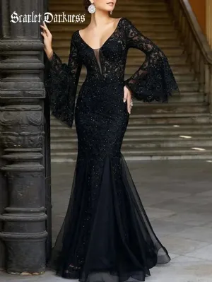 Women Lace Embroidery Fishtail Slim Fit Evening Dress