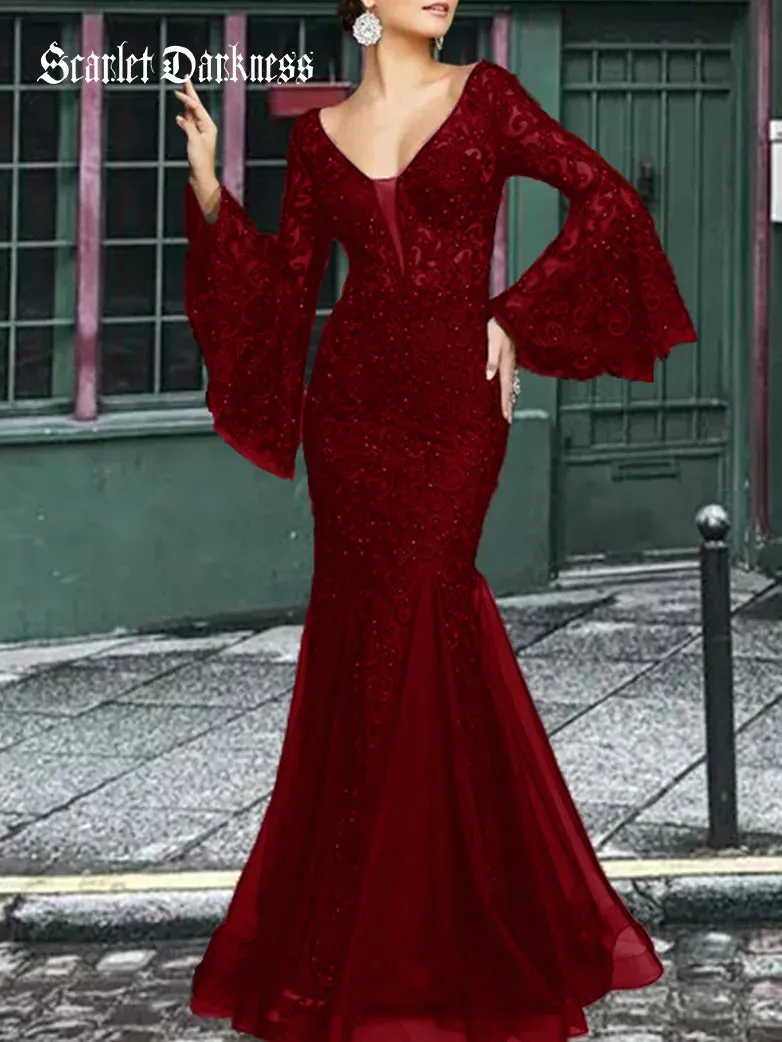 Women Lace Embroidery Fishtail Slim Fit Evening Dress