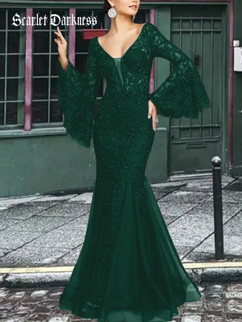 Women Lace Embroidery Fishtail Slim Fit Evening Dress