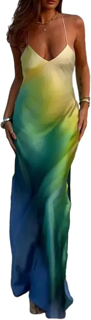 Women Y2k Floral Long Dress Flowers Spaghetti Strap Maxi Dress Backless Bodycon Slip Dress Sundress