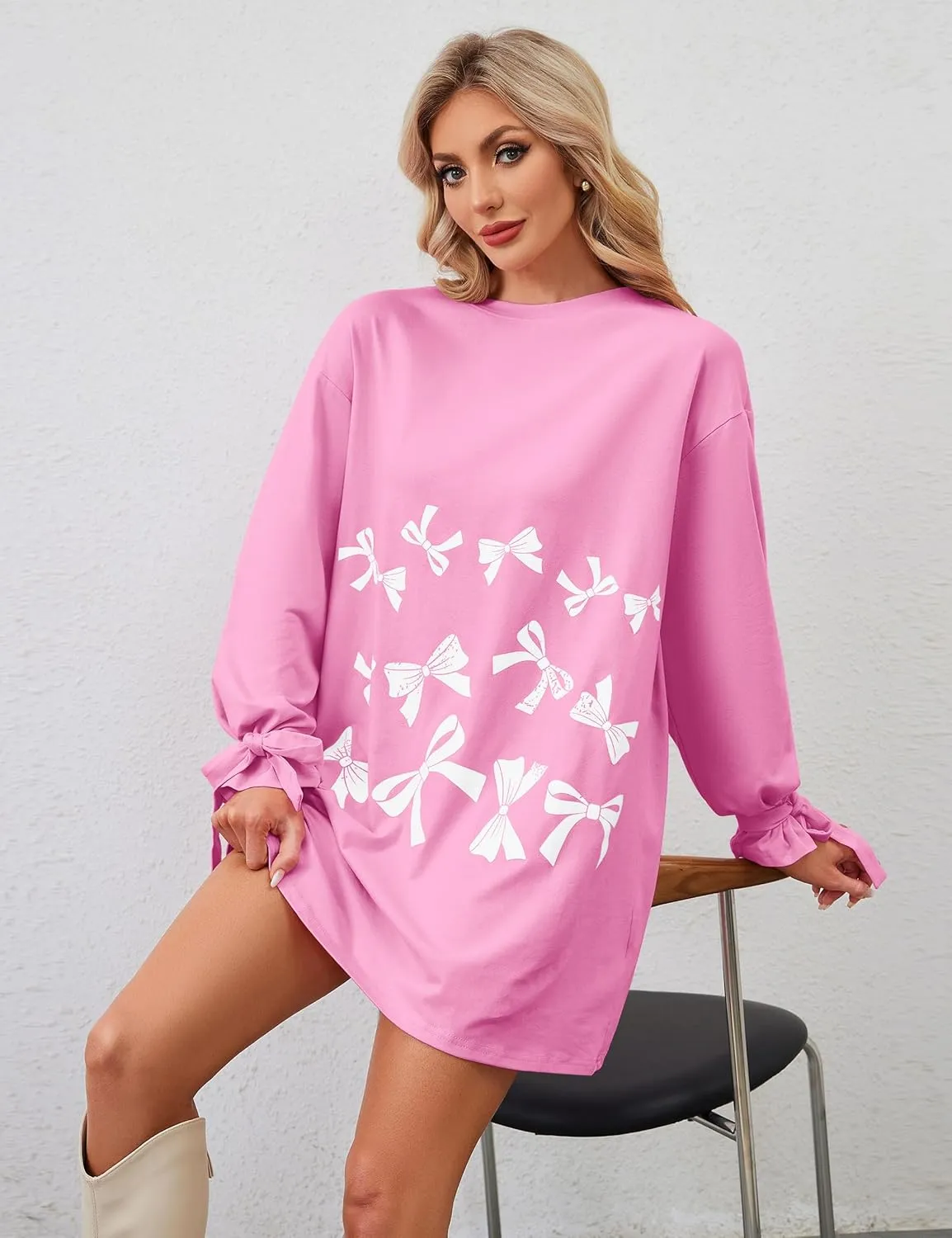 Women's Bow Tie Print Mini Dress Loose Lace Up Knot Long Sleeve Mini Dresses Crew Neck Tunic Shirt Short Dress