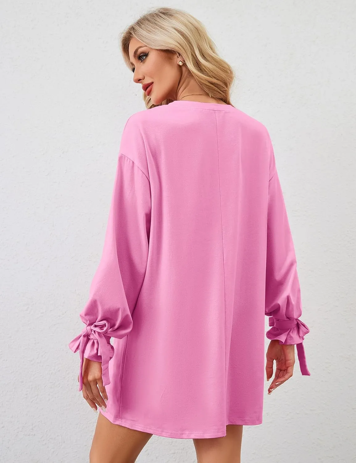 Women's Bow Tie Print Mini Dress Loose Lace Up Knot Long Sleeve Mini Dresses Crew Neck Tunic Shirt Short Dress