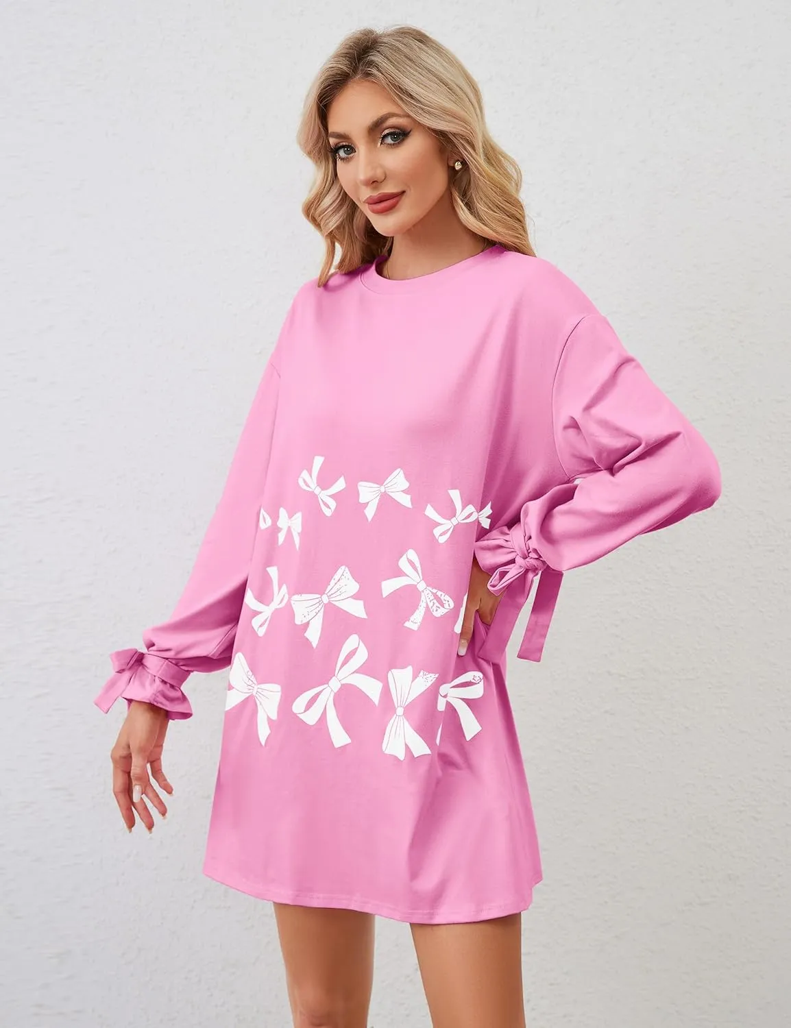 Women's Bow Tie Print Mini Dress Loose Lace Up Knot Long Sleeve Mini Dresses Crew Neck Tunic Shirt Short Dress