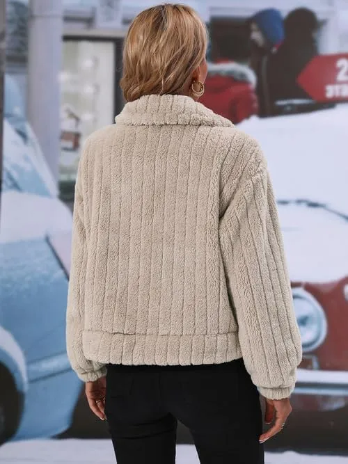 Womens Crop Fleece Jacket Button Down Lapel Bomber Sherpa Coat (S-5XL)