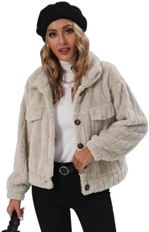 Womens Crop Fleece Jacket Button Down Lapel Bomber Sherpa Coat (S-5XL)