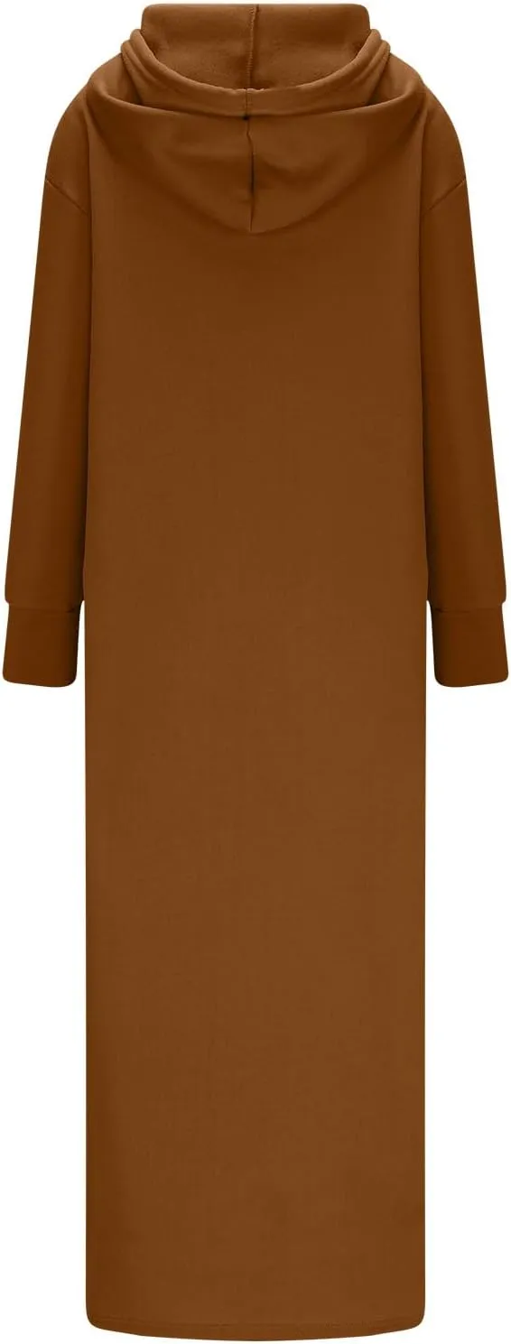 Women's Fall Winter Pullover Maxi Dress Baggy Loose Long Sleeve Drawstring Hooded Sweatshirt Long Dresses Plus Size