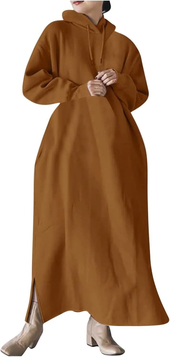 Women's Fall Winter Pullover Maxi Dress Baggy Loose Long Sleeve Drawstring Hooded Sweatshirt Long Dresses Plus Size