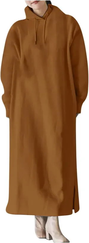 Women's Fall Winter Pullover Maxi Dress Baggy Loose Long Sleeve Drawstring Hooded Sweatshirt Long Dresses Plus Size