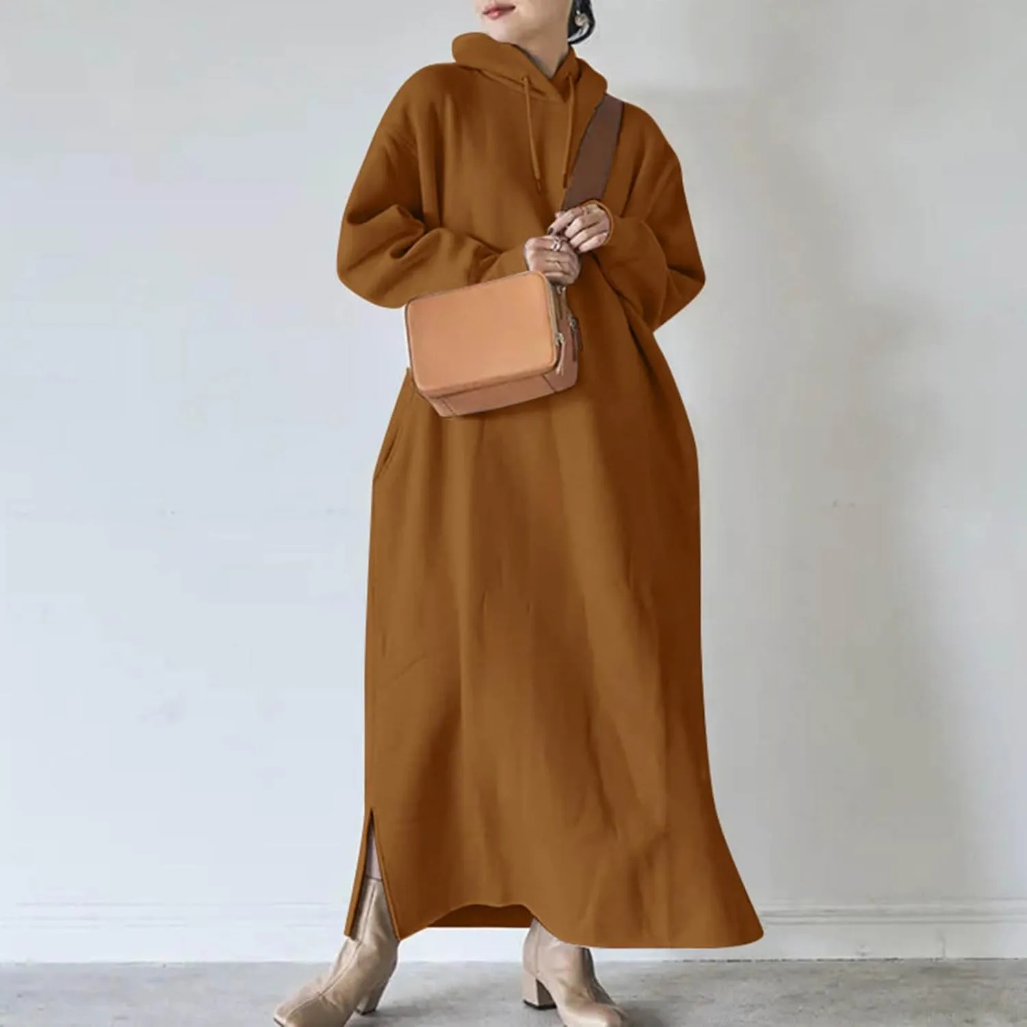 Women's Fall Winter Pullover Maxi Dress Baggy Loose Long Sleeve Drawstring Hooded Sweatshirt Long Dresses Plus Size