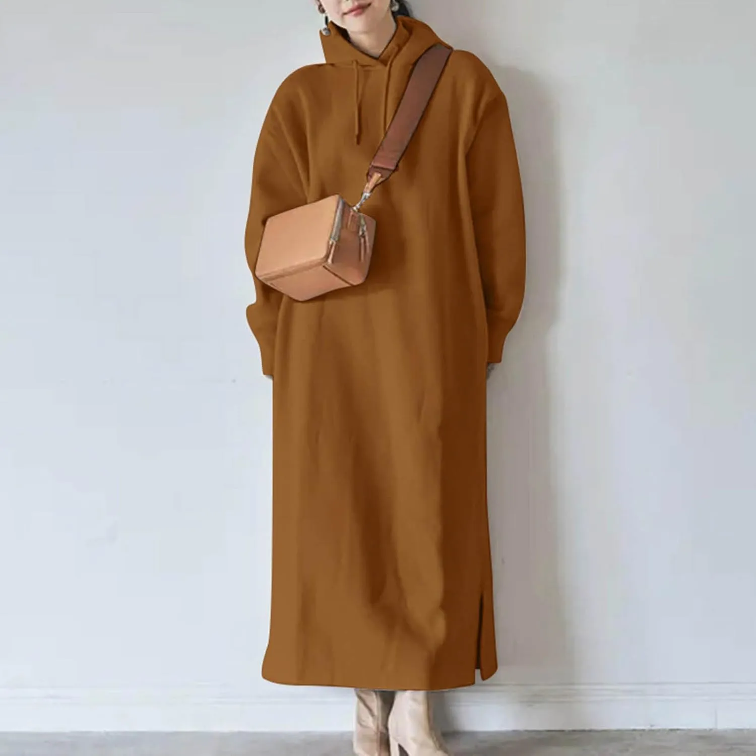 Women's Fall Winter Pullover Maxi Dress Baggy Loose Long Sleeve Drawstring Hooded Sweatshirt Long Dresses Plus Size