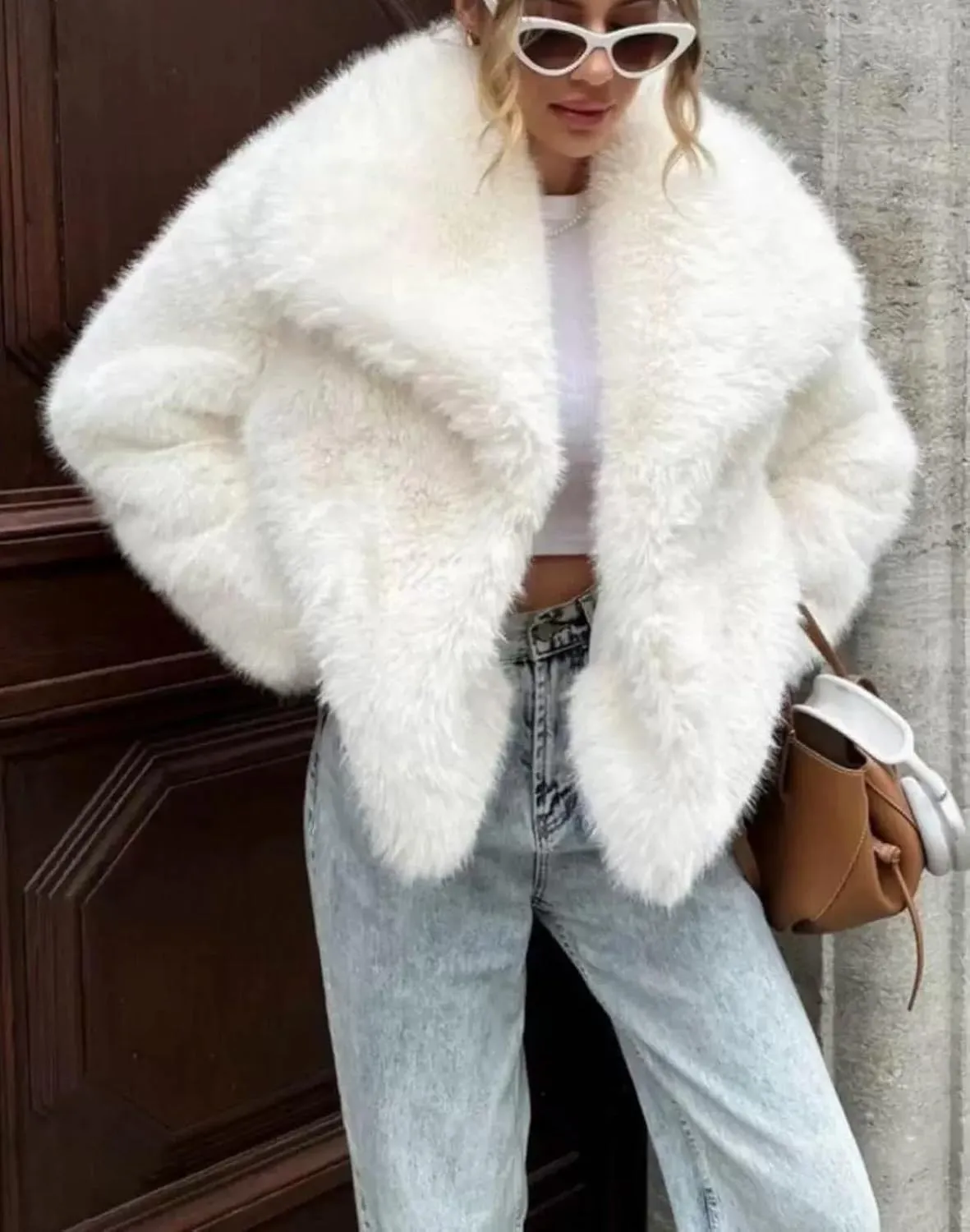 Women's Faux Fur Coat Cropped Fluffy Jacket Long Sleeve Open Front Shaggy Short Coat Outerwear