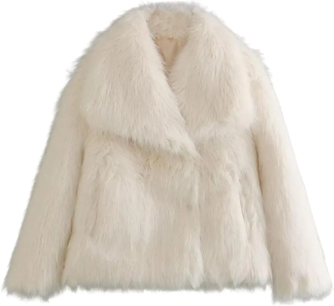 Women's Faux Fur Coat Cropped Fluffy Jacket Long Sleeve Open Front Shaggy Short Coat Outerwear
