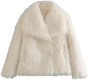 Women's Faux Fur Coat Cropped Fluffy Jacket Long Sleeve Open Front Shaggy Short Coat Outerwear