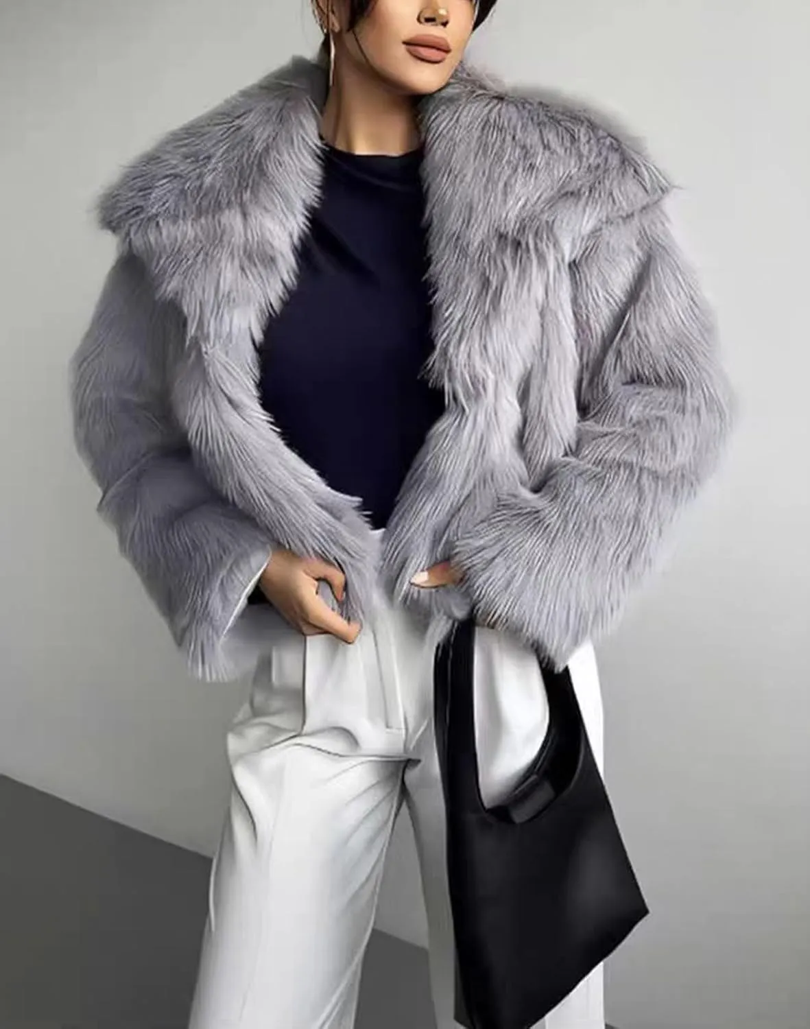 Women's Faux Fur Coat Cropped Fluffy Jacket Long Sleeve Open Front Shaggy Short Coat Outerwear