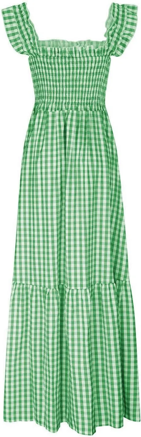 Women's Retro Plaid Smocked Dress Square Neck Spaghetti Strap Summer Boho Ruffle Casual Flowy Beach Maxi Dresses
