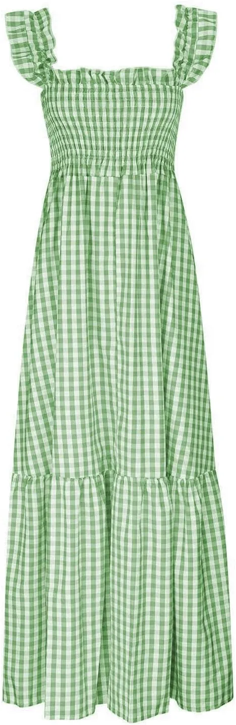 Women's Retro Plaid Smocked Dress Square Neck Spaghetti Strap Summer Boho Ruffle Casual Flowy Beach Maxi Dresses
