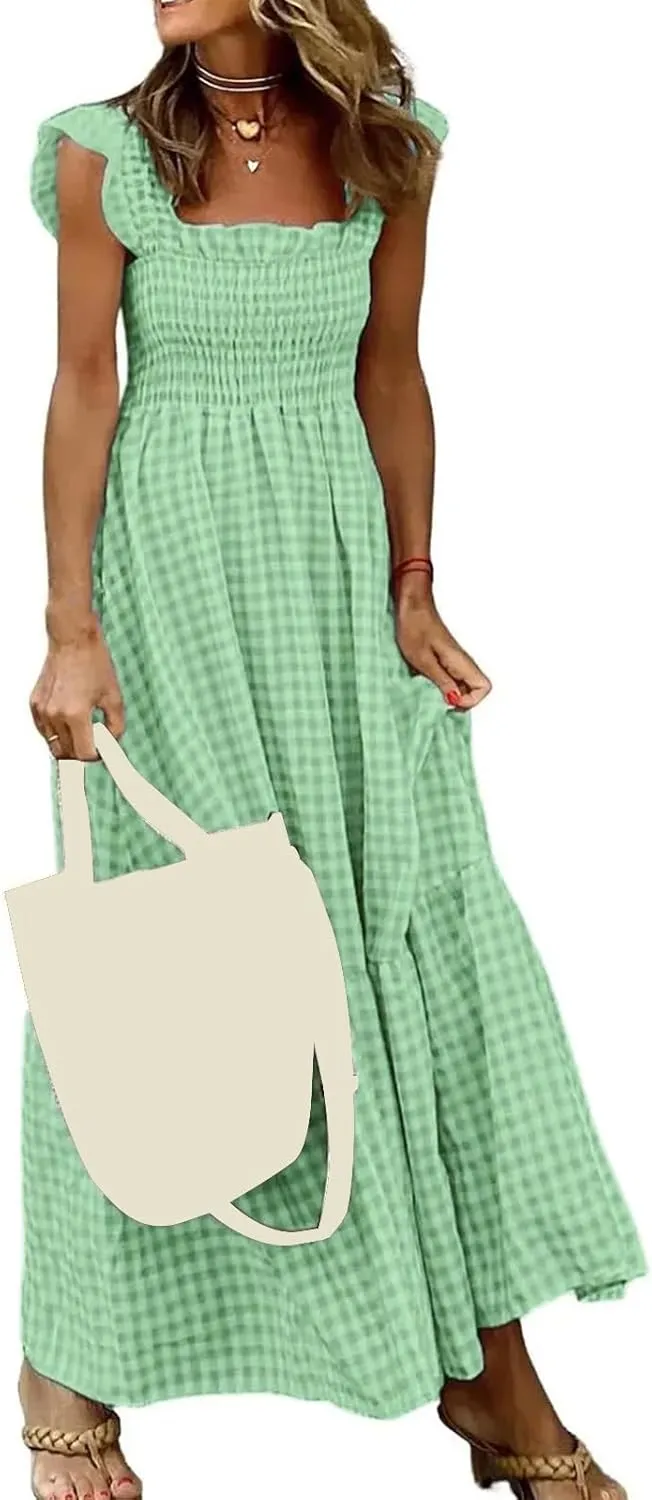 Women's Retro Plaid Smocked Dress Square Neck Spaghetti Strap Summer Boho Ruffle Casual Flowy Beach Maxi Dresses