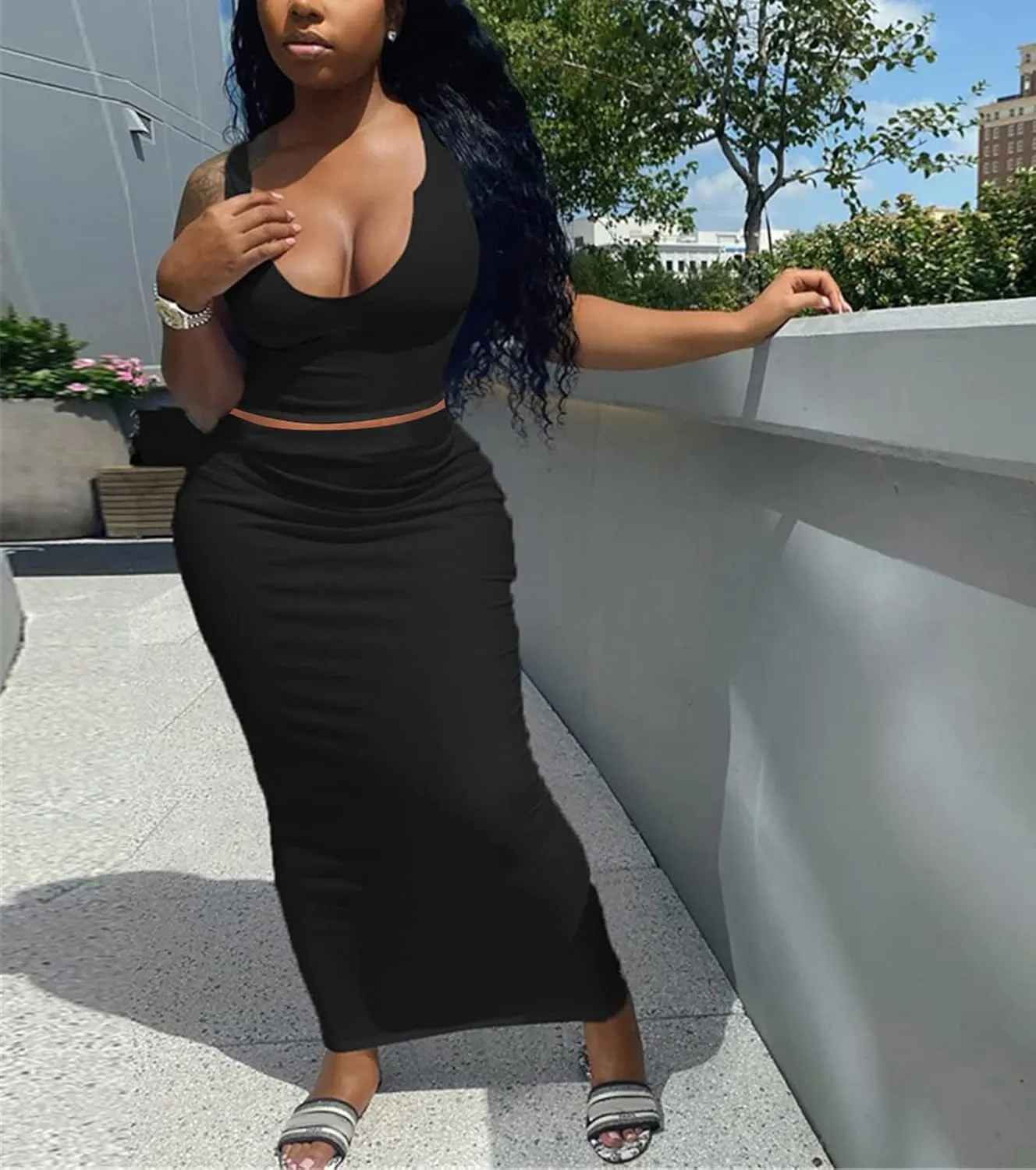 Womens Sexy Summer Scoop Neck Ribbed 2 Piece Outfits Dress Crop Tank Top Maxi Long Skirt Set Beach Party Dress