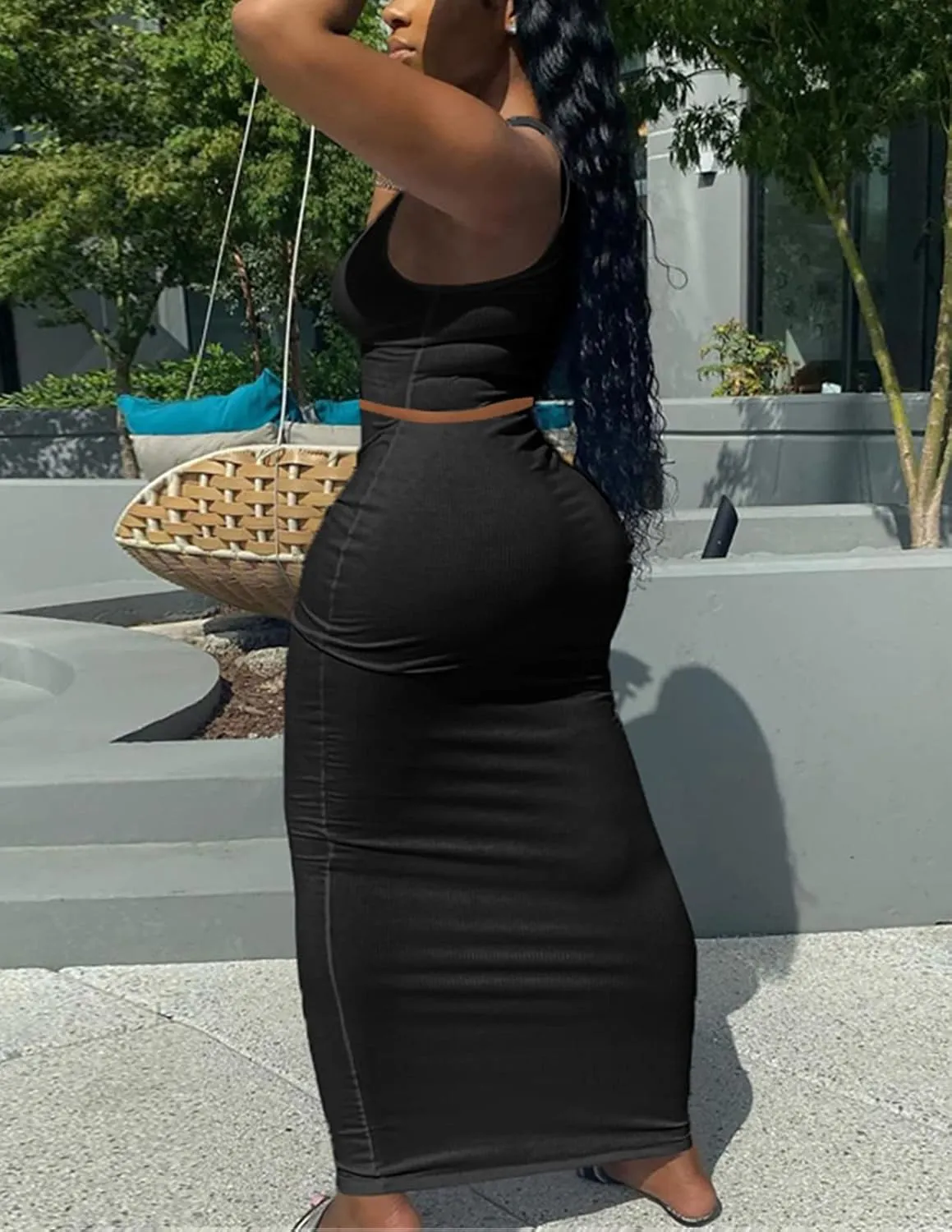 Womens Sexy Summer Scoop Neck Ribbed 2 Piece Outfits Dress Crop Tank Top Maxi Long Skirt Set Beach Party Dress
