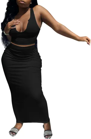 Womens Sexy Summer Scoop Neck Ribbed 2 Piece Outfits Dress Crop Tank Top Maxi Long Skirt Set Beach Party Dress