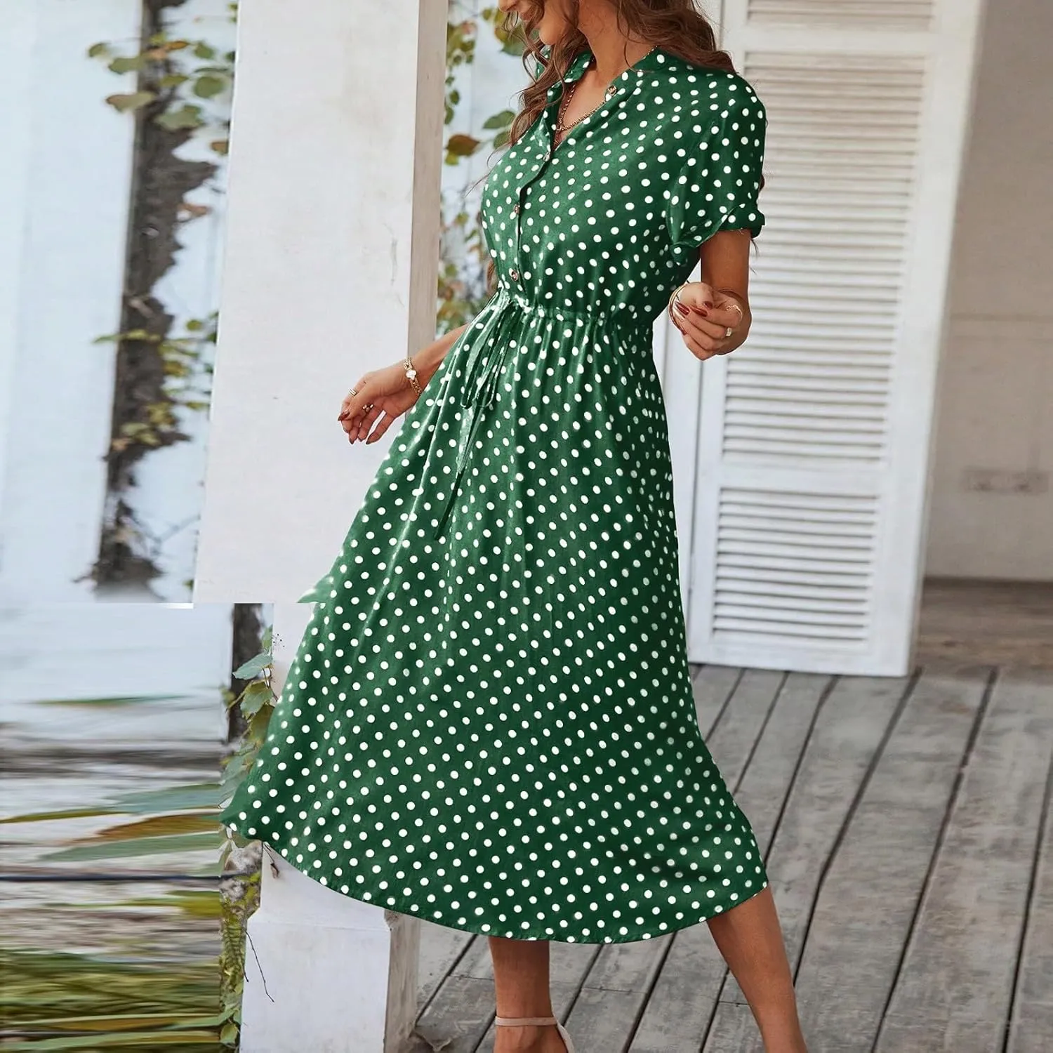 Women's Vintage Polka Dot Midi Short Sleeve V-Neck Button-Up Casual Summer Beach Dress with Waist Tie