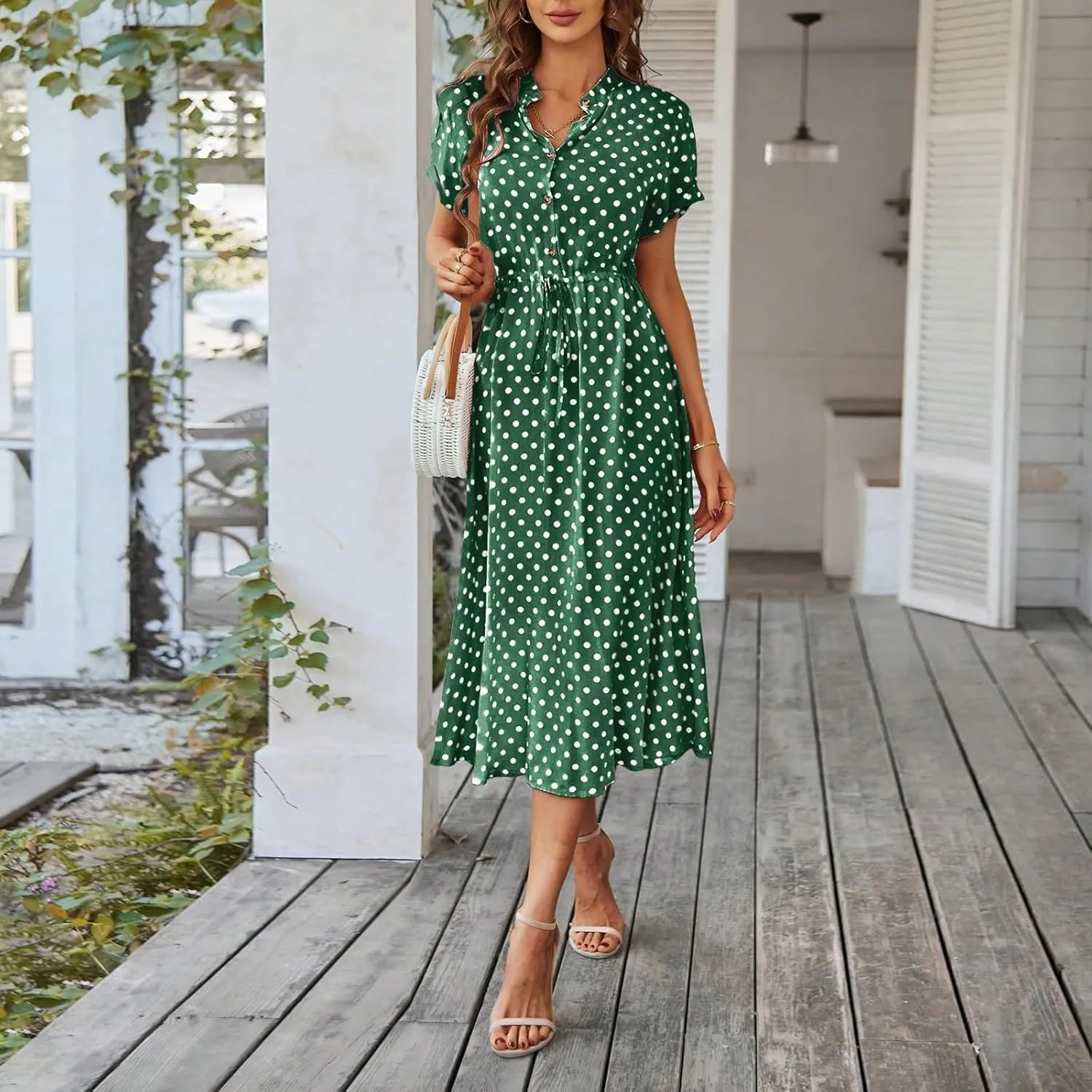 Women's Vintage Polka Dot Midi Short Sleeve V-Neck Button-Up Casual Summer Beach Dress with Waist Tie