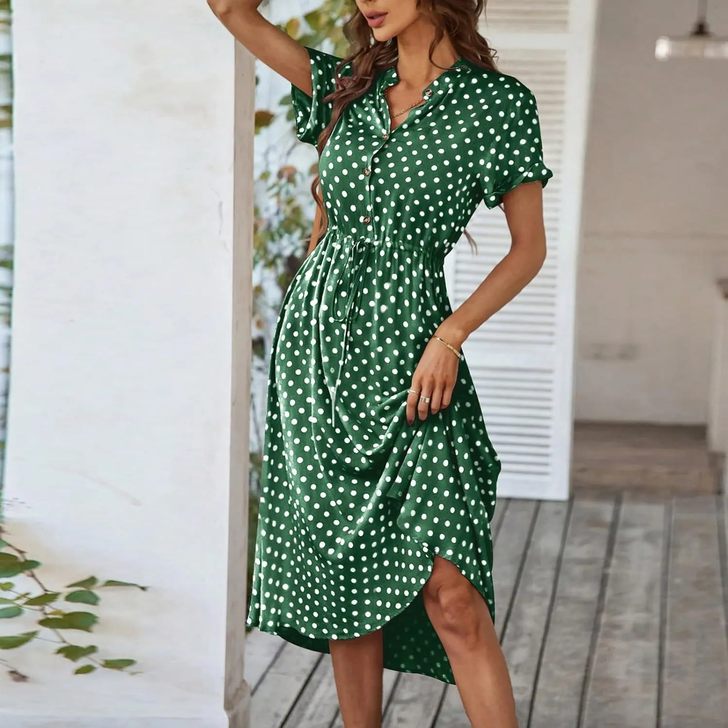 Women's Vintage Polka Dot Midi Short Sleeve V-Neck Button-Up Casual Summer Beach Dress with Waist Tie