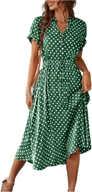Women's Vintage Polka Dot Midi Short Sleeve V-Neck Button-Up Casual Summer Beach Dress with Waist Tie